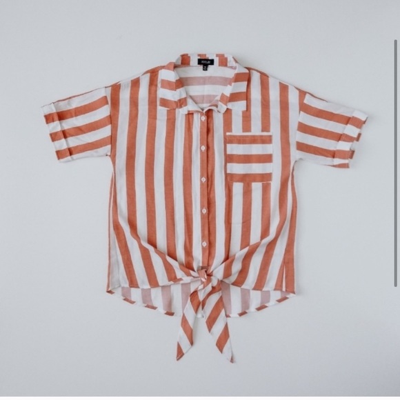 Roolee Striped Button-down w/ Tie waist, MED - Picture 2 of 4